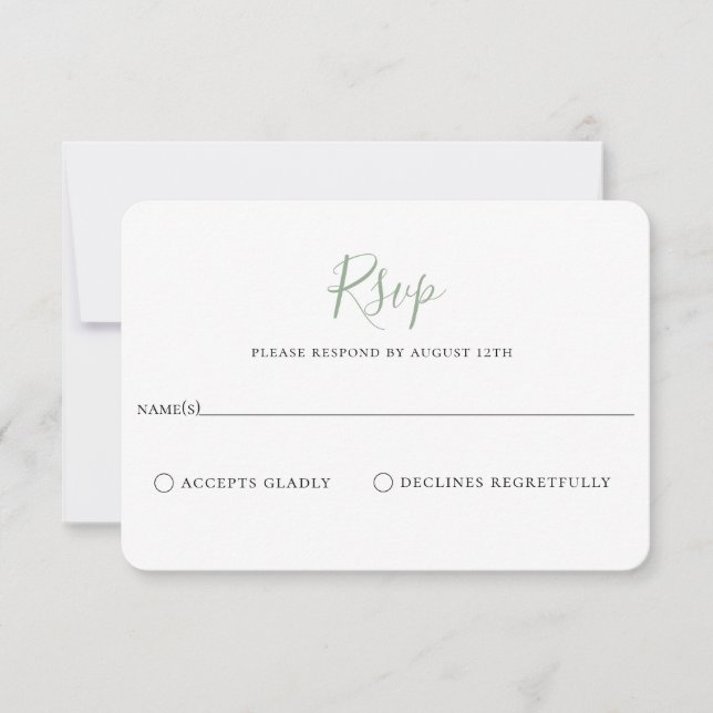 Tarjeta RSVP de Boda Verde Sage minimalista (Anverso)
