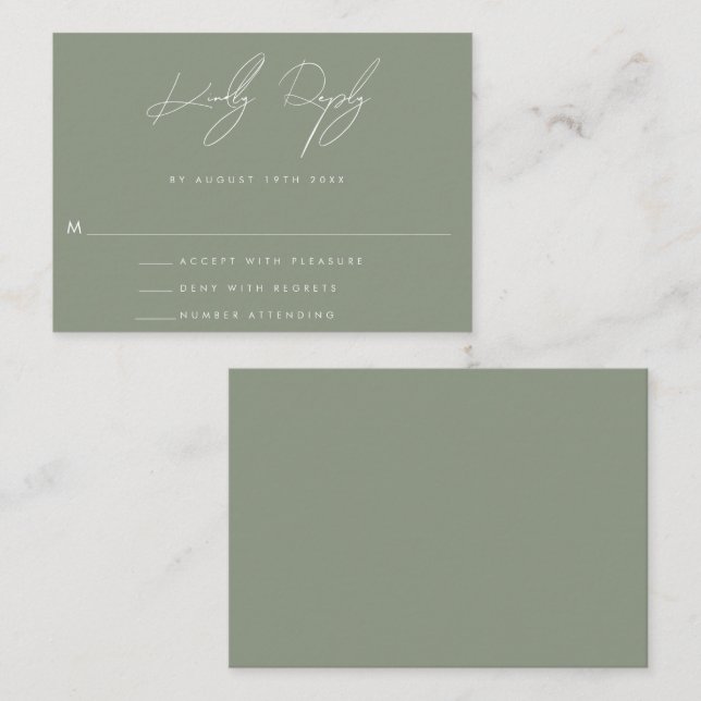 Tarjeta RSVP de Boda Verde Verde para Boda Minimal (Anverso / Reverso)