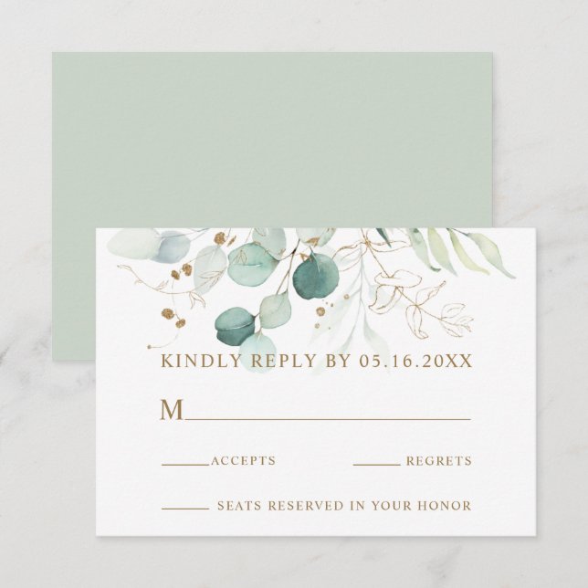 Tarjeta RSVP de Boda Verde y Oro (Anverso / Reverso)