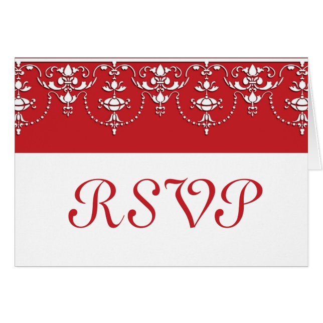 Tarjeta RSVP de boda victoriana roja y blanca (Anverso (Horizontal))