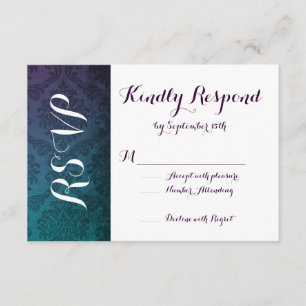 Tarjeta RSVP de Boda Vintage Damask Purple Aqua Om