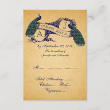 TARJETA RSVP de Boda Vintage de Peacock | Azul