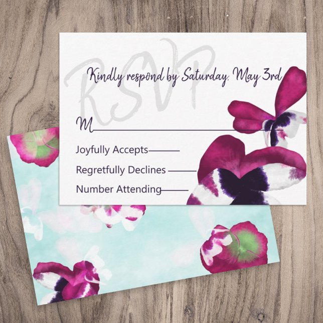 Tarjeta RSVP de Boda Violeta y Turquesa (pink purple violet turquoise blue wedding rsvp response respond enclosure cards, flowers pansies)