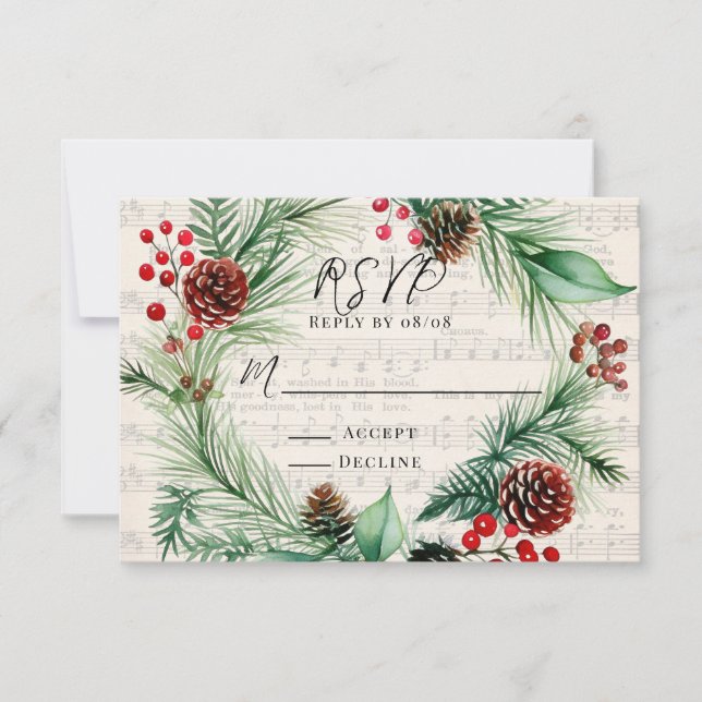 Tarjeta RSVP de Boda Wreath de Música Red Berry Wr (Anverso)