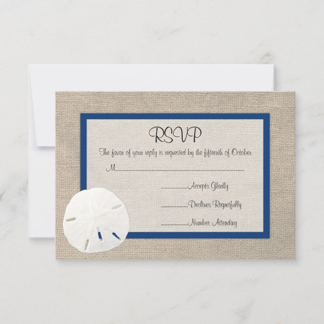 Tarjeta RSVP de bodas de arena en la playa - Azul  (Anverso)