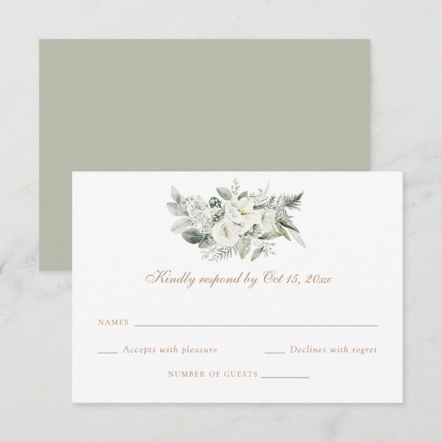 Tarjeta RSVP de bodas de bodas de verde floral bla (Anverso / Reverso)