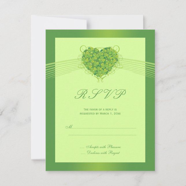 Tarjeta RSVP de bodas de corazón de trébol verde (Anverso)