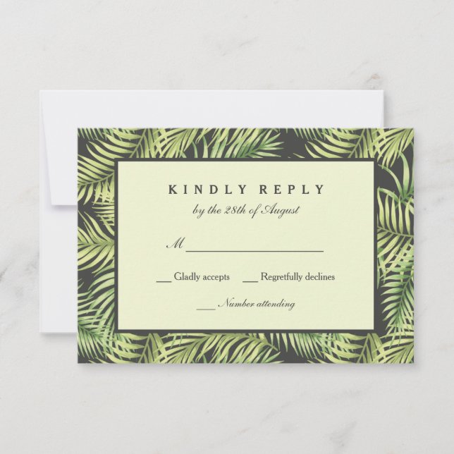 Tarjeta RSVP de bodas de hojas de palmas tropicale (Anverso)