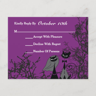 Tarjeta RSVP de bodas moradas para gatos de Hallow