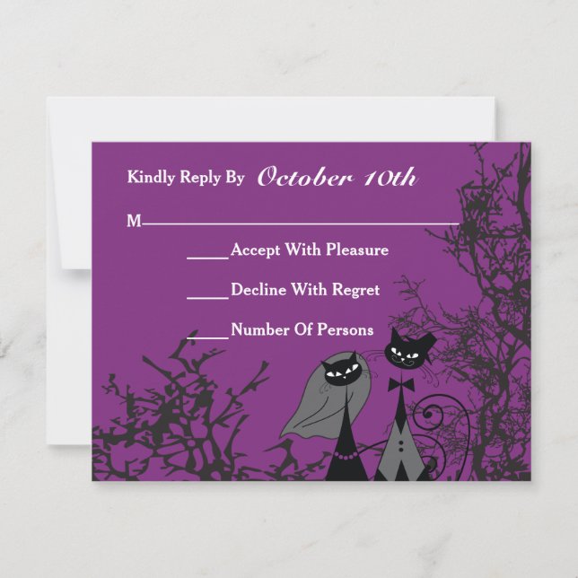 Tarjeta RSVP de bodas moradas para gatos de Hallow (Anverso)