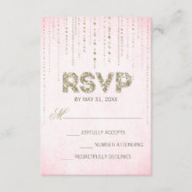 Tarjeta RSVP de bodas rosadas y Purpurinas de oro