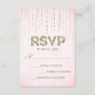Tarjeta RSVP de bodas rosadas y Purpurinas de oro