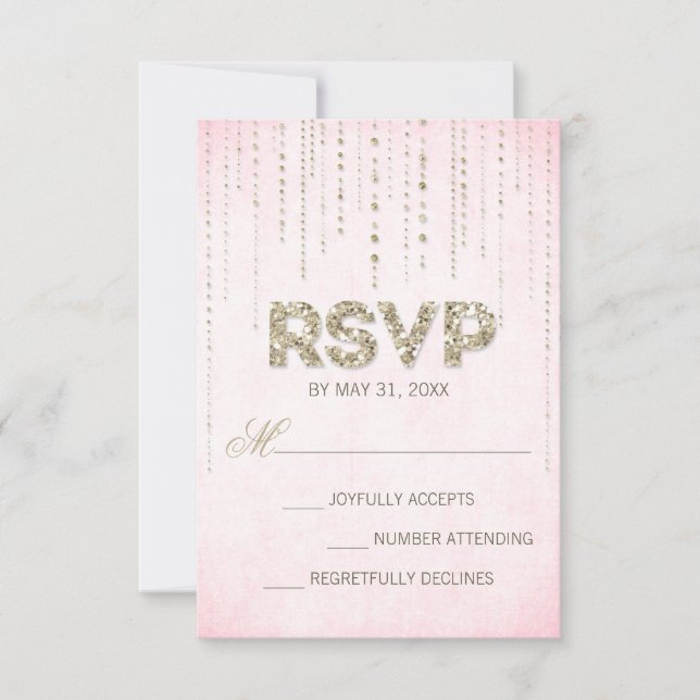 Tarjeta RSVP de bodas rosadas y Purpurinas de oro (Anverso)