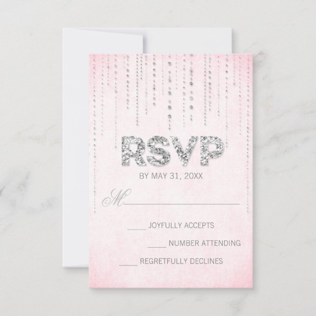 Tarjeta RSVP de bodas rosadas y Purpurinas platead (Anverso)