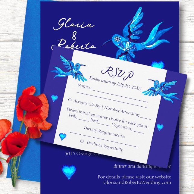 Tarjeta RSVP de Boho Azul Hummingbirds Boda Mexica (Subido por el creador)