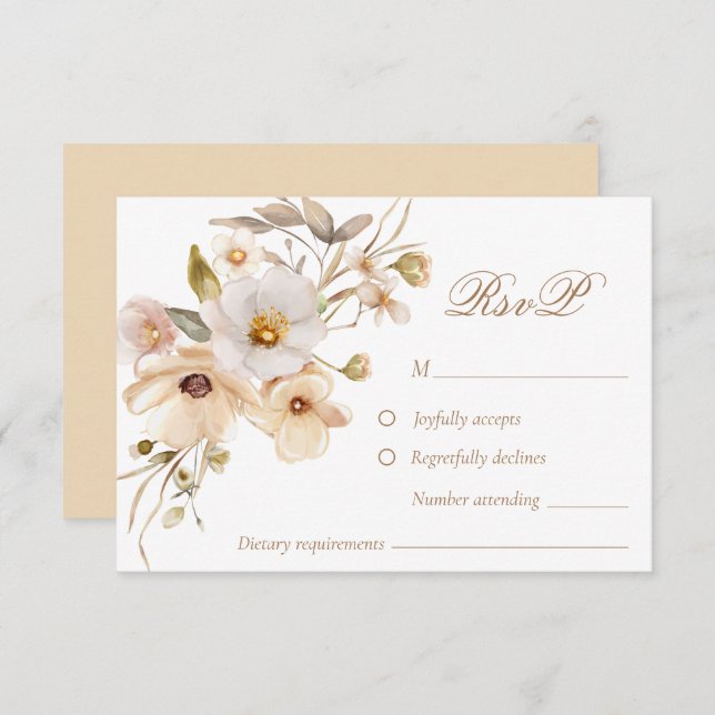 Tarjeta RSVP de Boho Boho Neutral Beige Wildflower (Anverso / Reverso)