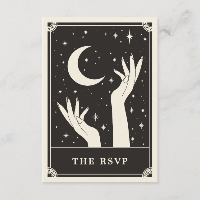 Tarjeta RSVP de Boho Celestial de la luna de Tarot (Anverso)