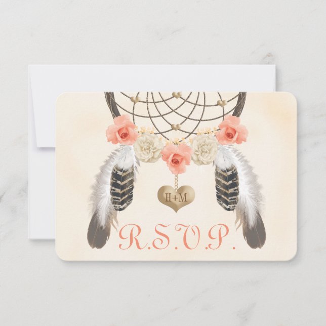 Tarjeta RSVP de Boho de Coral y Oro Dreamcatcher W (Anverso)
