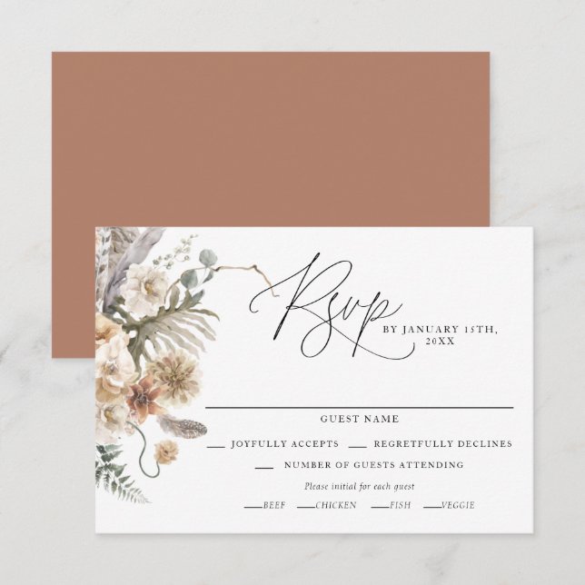 Tarjeta RSVP de Boho Rustic Pampas Boda de Grass W (Anverso / Reverso)