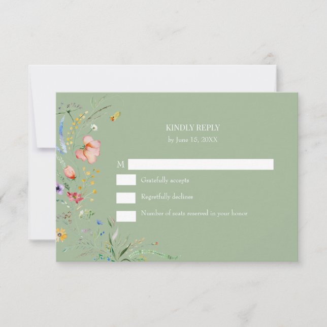 Tarjeta RSVP de Boho Sage Green Wildflower Wedding (Anverso)