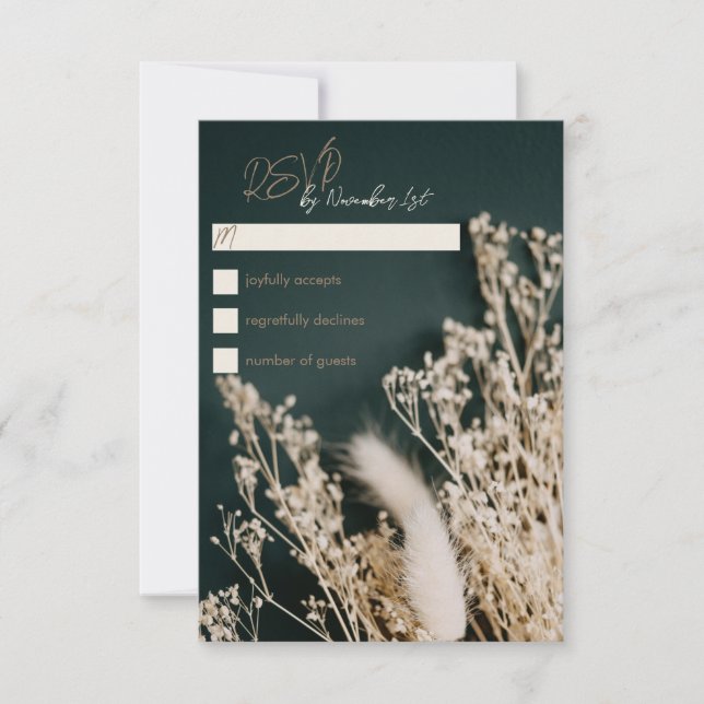 Tarjeta RSVP de Boho Verde Forestal de boda floral (Anverso)