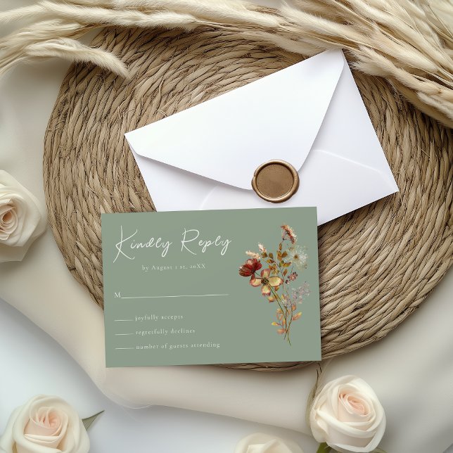 Tarjeta RSVP de Boho Wedding Sage Green Wildflower (Subido por el creador)