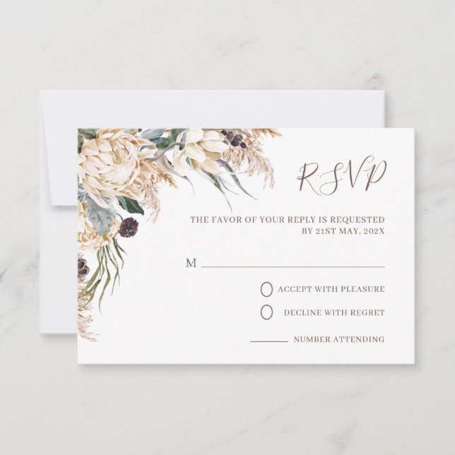 Tarjeta RSVP de Boho White Protea Pampas Boda Gras (Anverso)