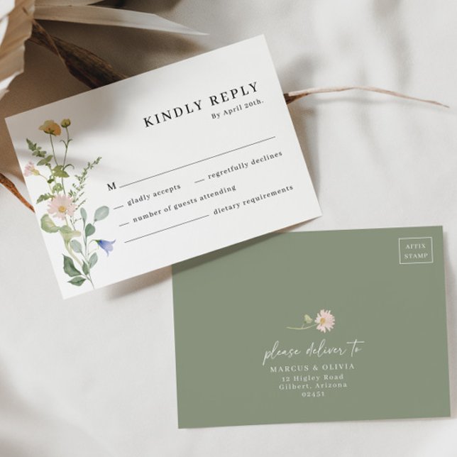 Tarjeta RSVP de Boho Wildflower Elegante para boda (Front/Back)