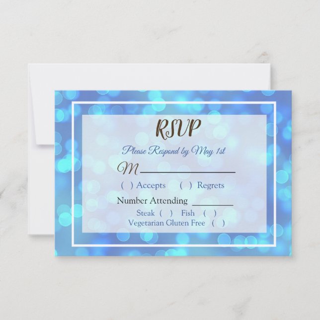 Tarjeta RSVP de Bokeh de boda azul (Anverso)