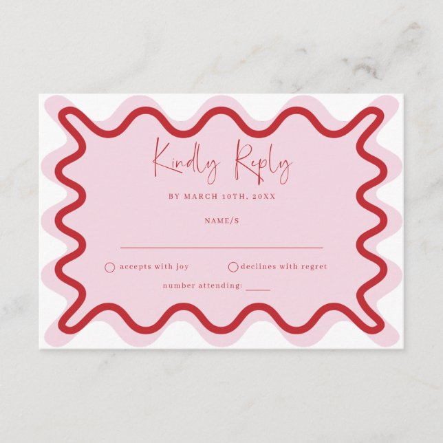 Tarjeta RSVP de borde ondulado rosado rojo vibrant (Anverso)