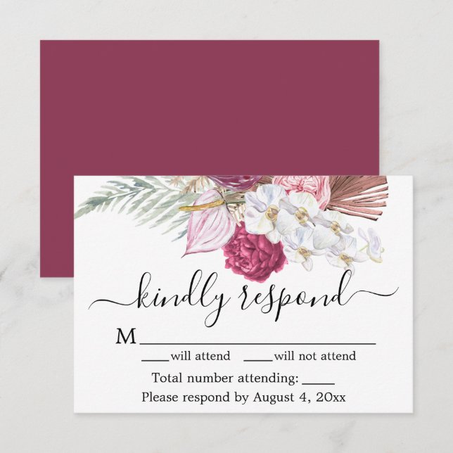 Tarjeta RSVP de Borgoña Floral (Anverso / Reverso)
