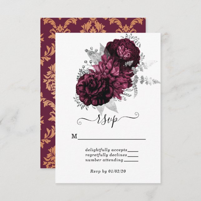 Tarjeta RSVP de Borgoña Floral & Damask Wedding (Anverso / Reverso)