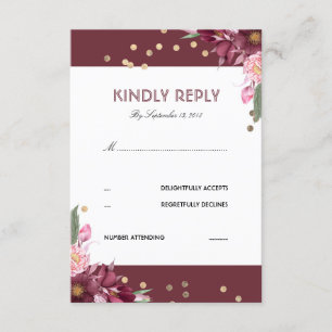 Tarjeta RSVP de Borgoña Floral y Dots de Oro