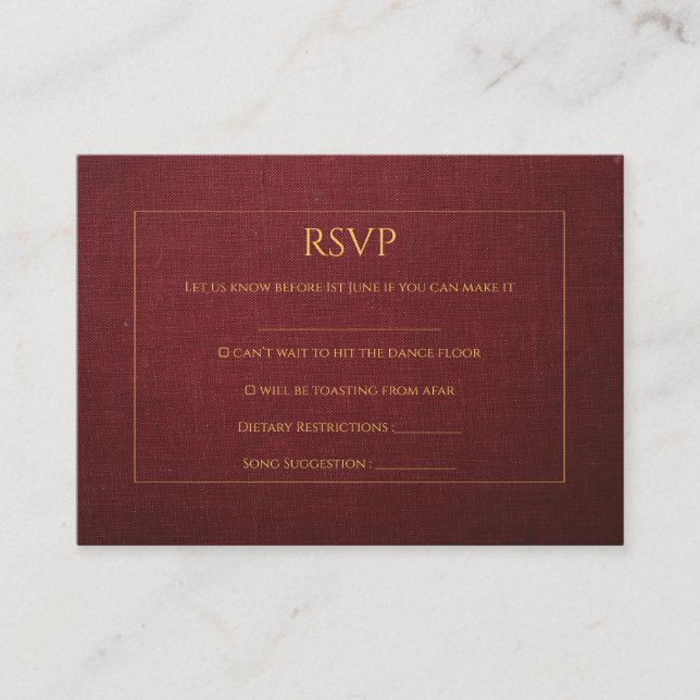 Tarjeta RSVP de Borgoña y Boda de Oro texturada (Anverso)