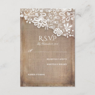 Tarjeta RSVP de Burlap y Boda de Lace Rústico