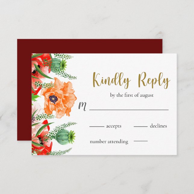 Tarjeta RSVP de casamiento con flores de amapola (Anverso / Reverso)