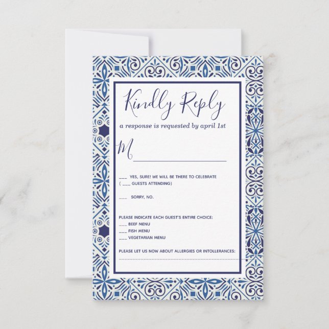 Tarjeta RSVP de casamiento de azulejos azules (Anverso)