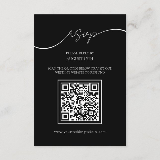 Tarjeta RSVP de casamiento de código QR blanco y n (Anverso)