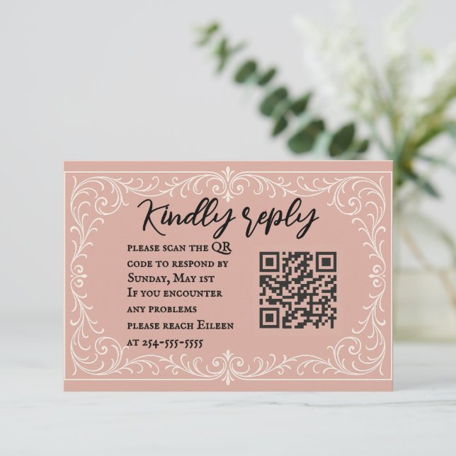 Tarjeta RSVP de casamiento de código QR para heirl (Anverso de pie)