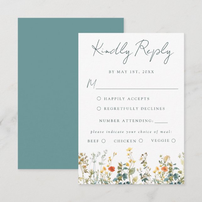 Tarjeta RSVP de casamiento de flores silvestres (Anverso / Reverso)