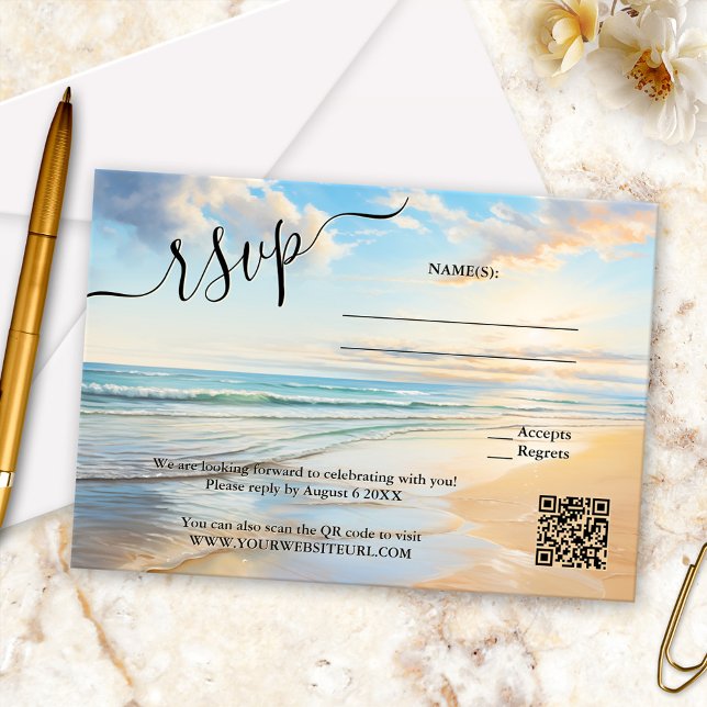 Tarjeta RSVP de casamiento de marea acuática (Elegant wedding RSVP card featuring a watercolor painting of a beach on a happy sunny day - QR code)