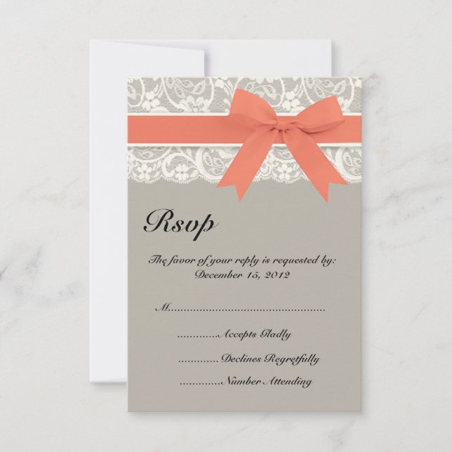 Tarjeta RSVP de casamiento gris de cinta de encaje (Anverso)