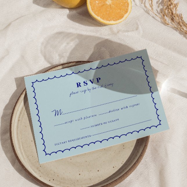 Tarjeta RSVP de casamiento mediterráneo azul moder (Subido por el creador)