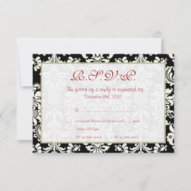 Tarjeta RSVP de casamiento negro/blanco de damasco (Anverso)