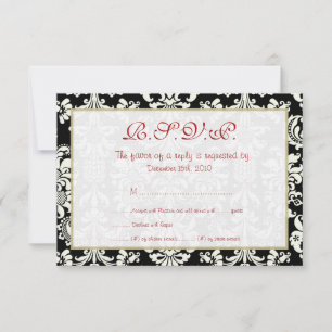 Tarjeta RSVP de casamiento negro/blanco de damasco