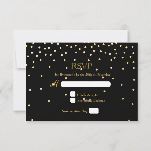 Tarjeta RSVP de casamiento negro y Relieve metaliz (Anverso)