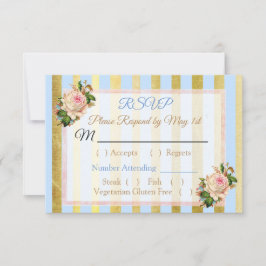 Tarjeta RSVP de casamiento rayado floral azul y do