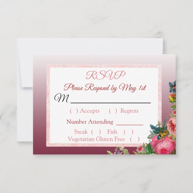 Tarjeta RSVP de casamiento rayado floral de PInk R (Anverso)