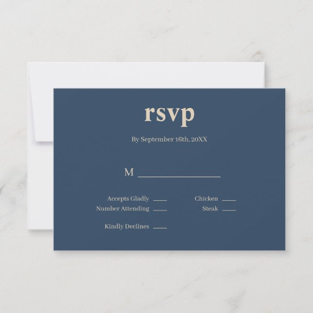 Tarjeta RSVP de casamiento tipo clásico azul moder (Anverso)