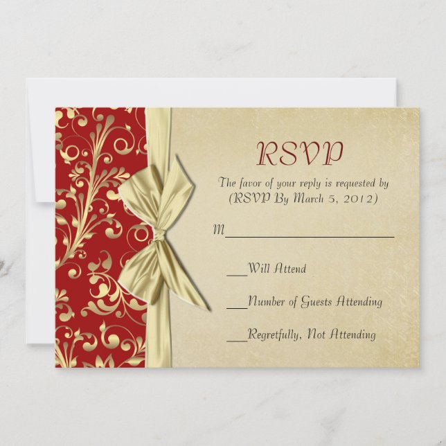 Tarjeta RSVP de cinta Damask de Navidades rojos/do (Anverso)